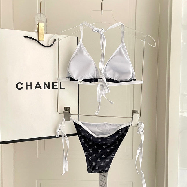 CC BIKINI SWIMSUIT SET IN BLACK AND WHITE TRIM WHITE LOGO PRINTED 608921