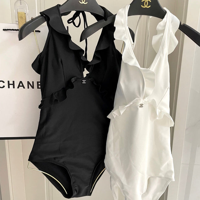 CC BIKINI SWIMSUIT SET BLACK AND RUFFLED TRIM 622180