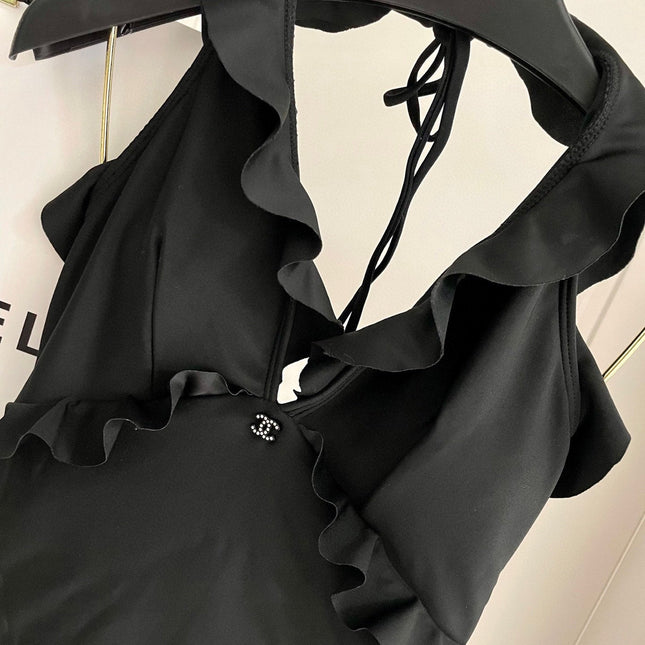 CC BIKINI SWIMSUIT SET BLACK AND RUFFLED TRIM 622180