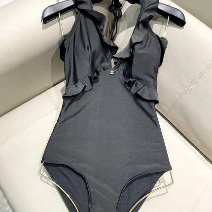 CC BIKINI SWIMSUIT SET BLACK AND RUFFLED TRIM 622180