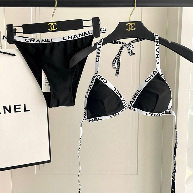 CC BIKINI SWIMSUIT SET IN BLACK WITH WHITE TRIM 627832