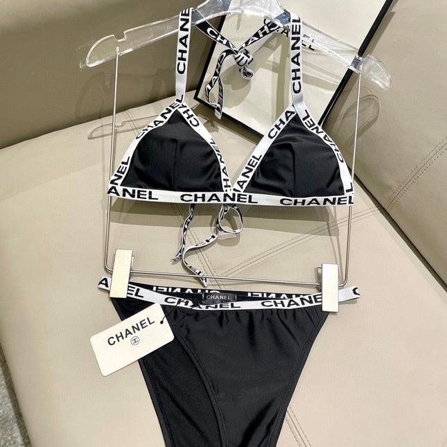 CC BIKINI SWIMSUIT SET IN BLACK WITH WHITE TRIM 627832