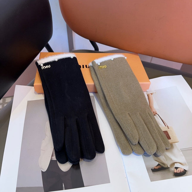 GLOVES IN KHAKI BEIGE WOOL MIX RABBIT FUR 458604