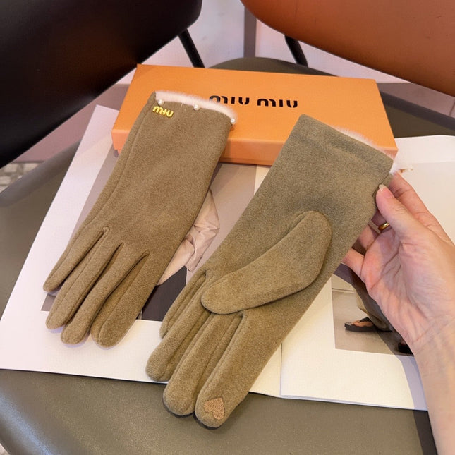 GLOVES IN KHAKI BEIGE WOOL MIX RABBIT FUR 458604