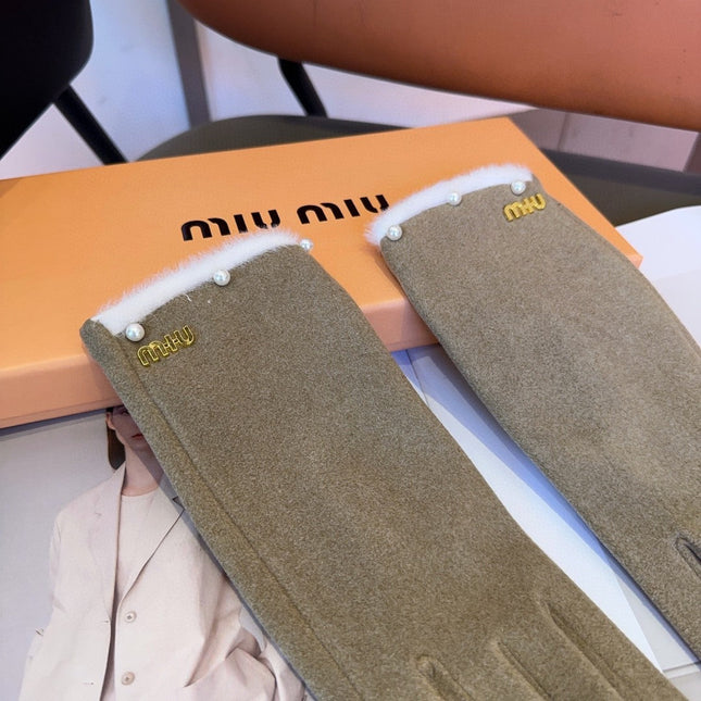 GLOVES IN KHAKI BEIGE WOOL MIX RABBIT FUR 458604