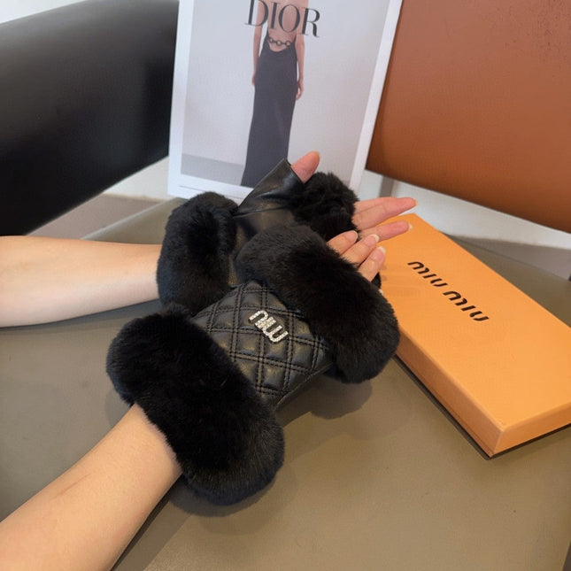 FINGERLESS GLOVES IN BLACK RABBIT FUR AND LAMBSKIN 463912