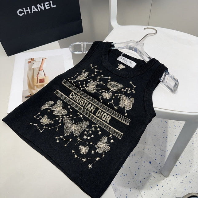 TANK TOP 610351 IN BLACK COTTON RIBBED EMBOSSED BUTTERFLY