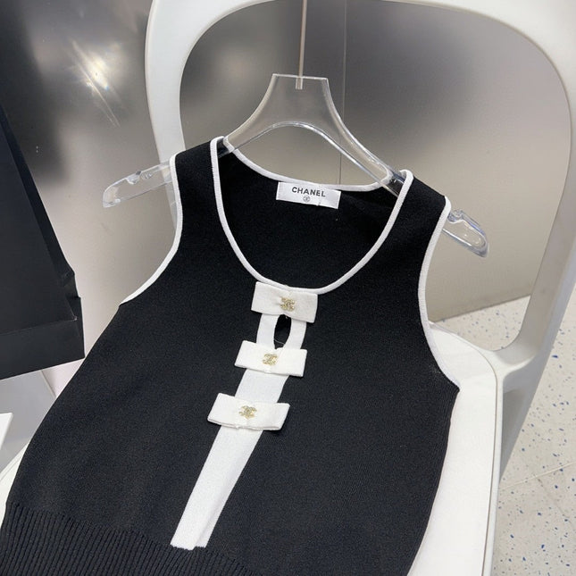 TANK TOP 610340 IN BLACK COTTON RIBBED WHITE BOW