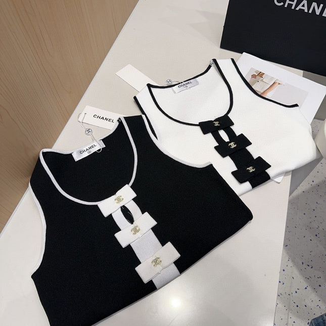 TANK TOP 610340 IN BLACK COTTON RIBBED WHITE BOW