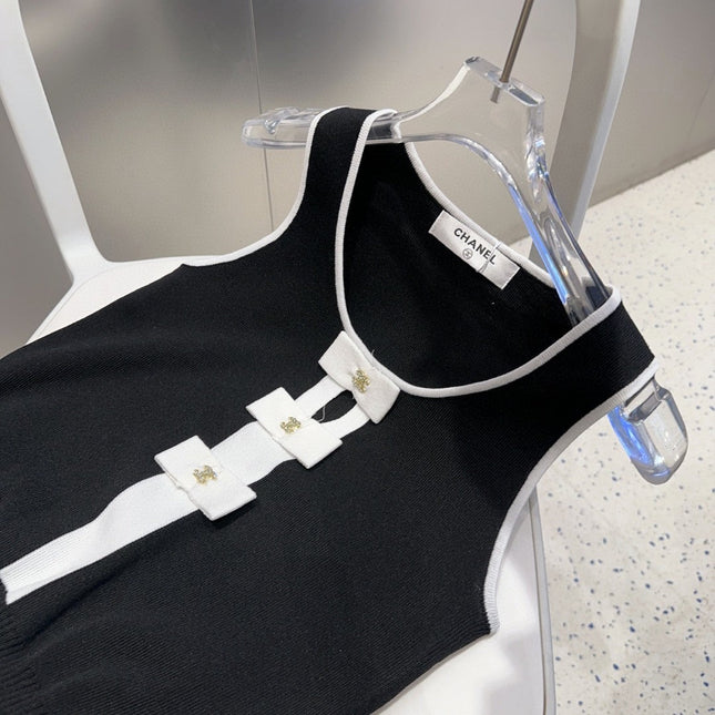 TANK TOP 610340 IN BLACK COTTON RIBBED WHITE BOW