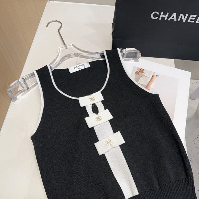 TANK TOP 610340 IN BLACK COTTON RIBBED WHITE BOW