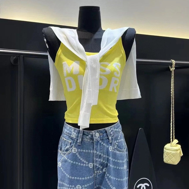 TANK TOP 615186 IN WHITE AND YELLOW COTTON RIBBED KNIT