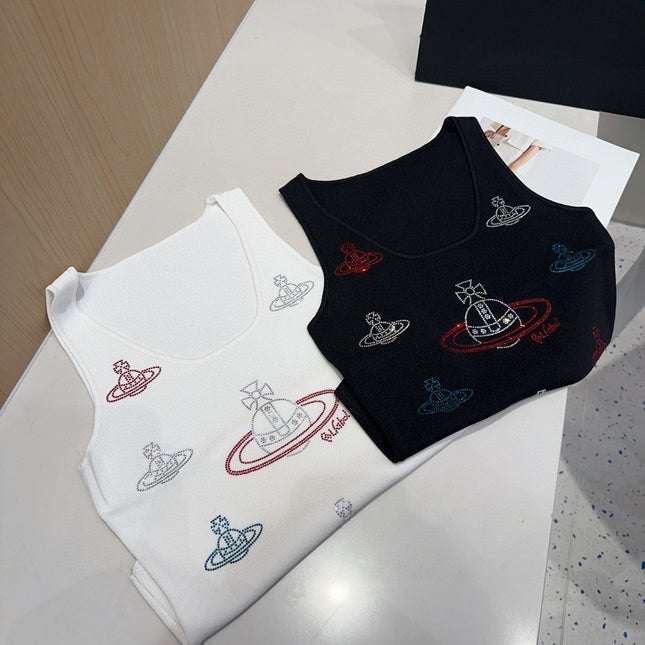 TANK TOP 639168 IN BLACK COTTON RIBBED KNIT EMBOSSED CRYSTAL