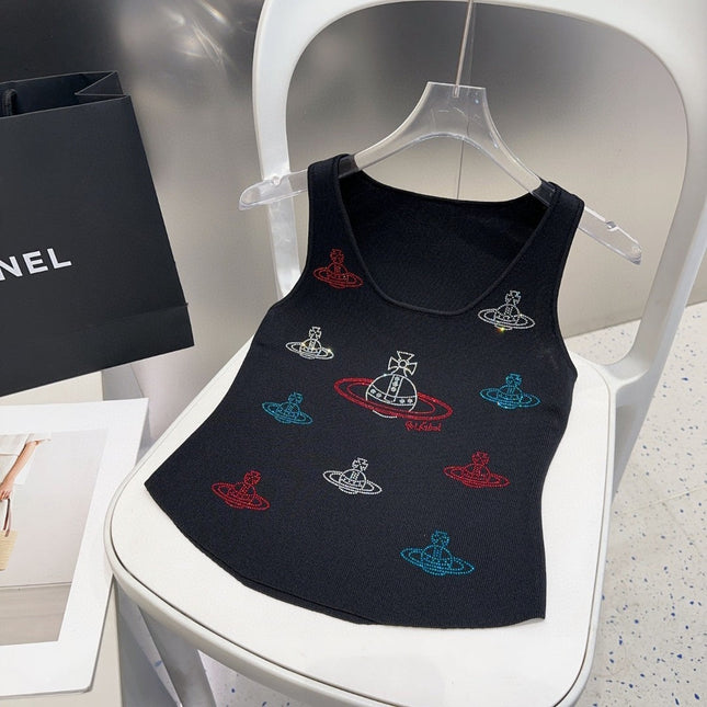 TANK TOP 639168 IN BLACK COTTON RIBBED KNIT EMBOSSED CRYSTAL