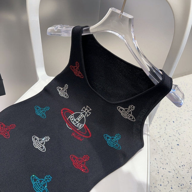 TANK TOP 639168 IN BLACK COTTON RIBBED KNIT EMBOSSED CRYSTAL