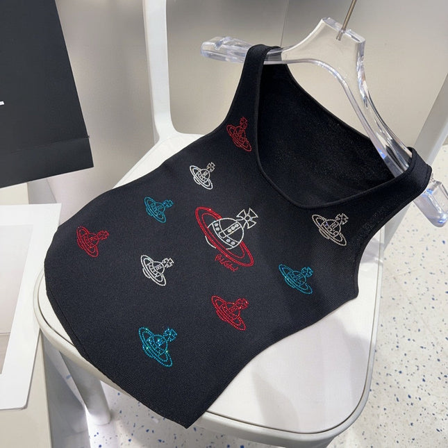 TANK TOP 639168 IN BLACK COTTON RIBBED KNIT EMBOSSED CRYSTAL