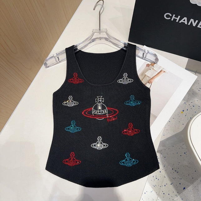 TANK TOP 639168 IN BLACK COTTON RIBBED KNIT EMBOSSED CRYSTAL