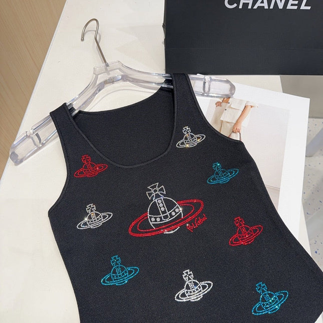 TANK TOP 639168 IN BLACK COTTON RIBBED KNIT EMBOSSED CRYSTAL