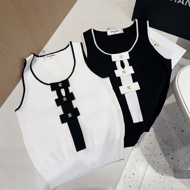 TANK TOP 610341 IN WHITE COTTON RIBBED BLACK BOW