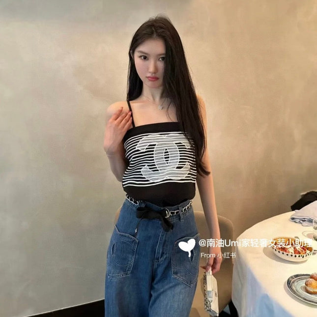 STRIPED CAMISOLE 610345 IN BLACK AND WHITE COTTON RIBBED