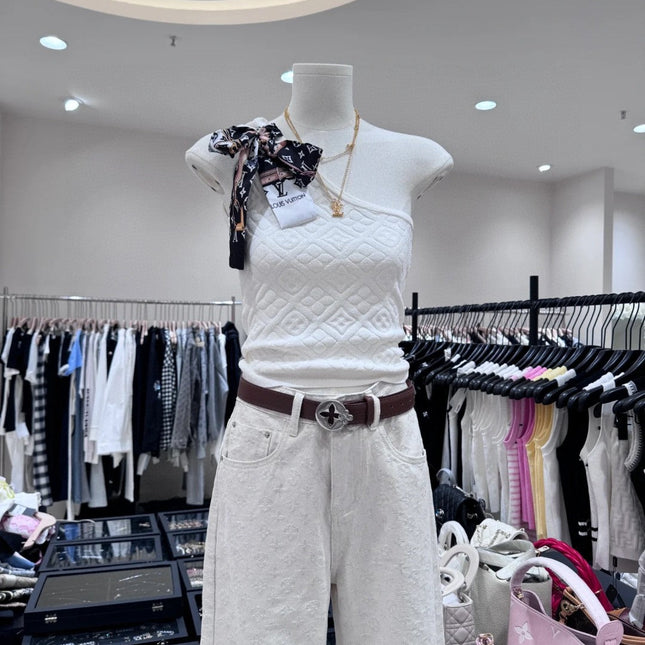 ONE SHOULDER TOP 612064 IN WHITE COTTON RIBBED