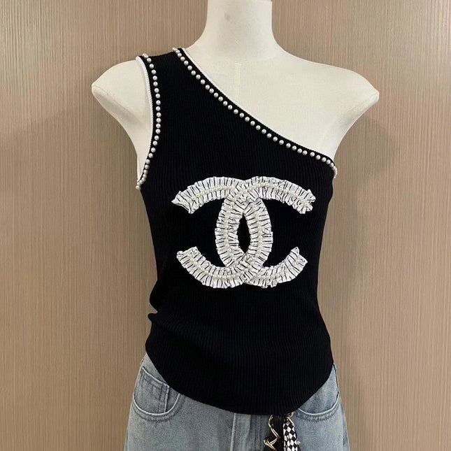 ONE SHOULDER TOP 622139 IN BLACK COTTON EMBOSSED PEARL TRIM