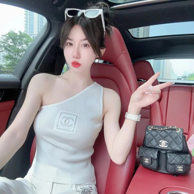 ONE SHOULDER TOP 624508 IN WHITE COTTON MULTICOLOR LOGO