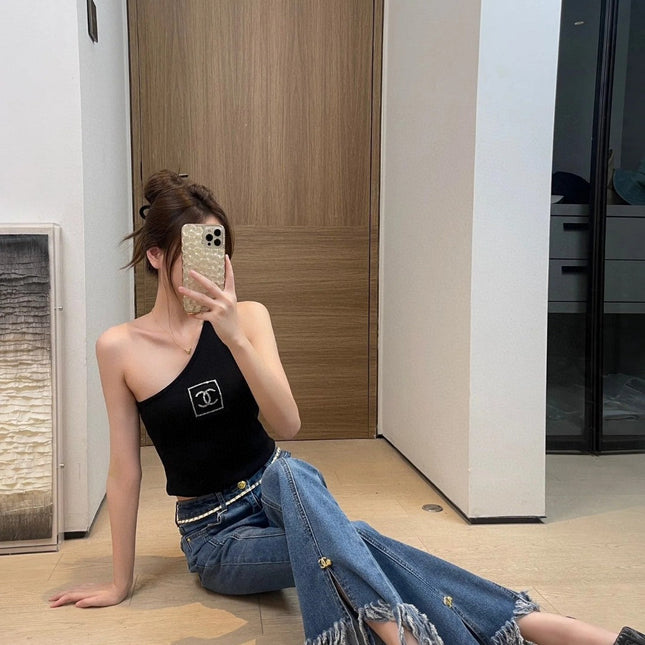 ONE SHOULDER TOP 624509 IN BLACK COTTON MULTICOLOR LOGO