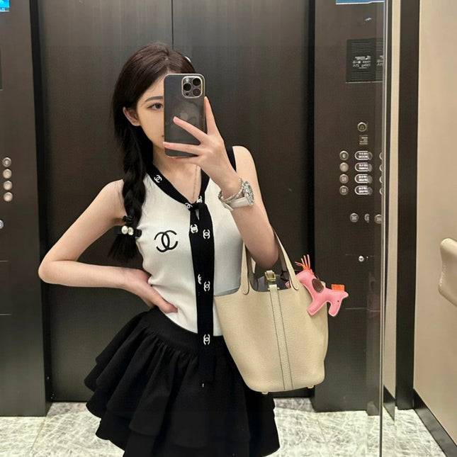 TANK TOP 624514 IN WHITE COTTON RIBBED BLACK TRIM AND BOW