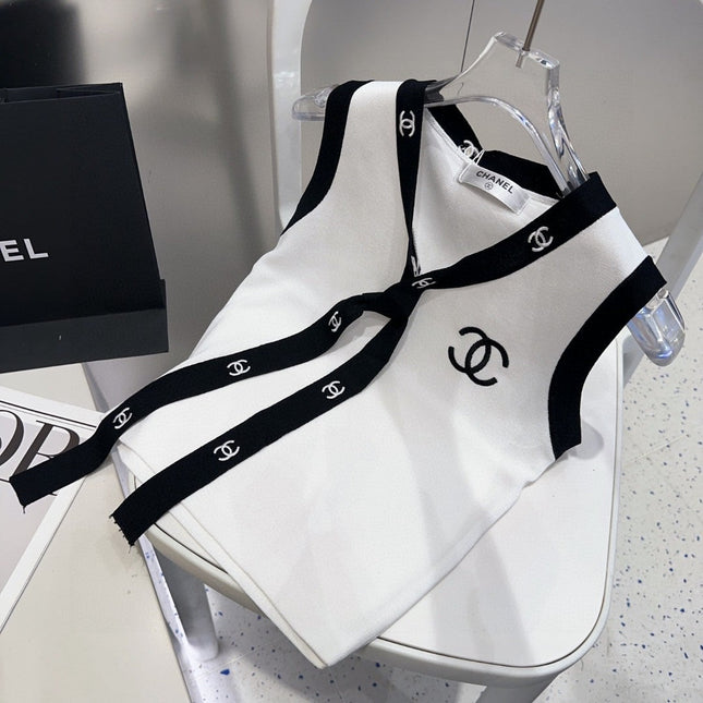 TANK TOP 624514 IN WHITE COTTON RIBBED BLACK TRIM AND BOW