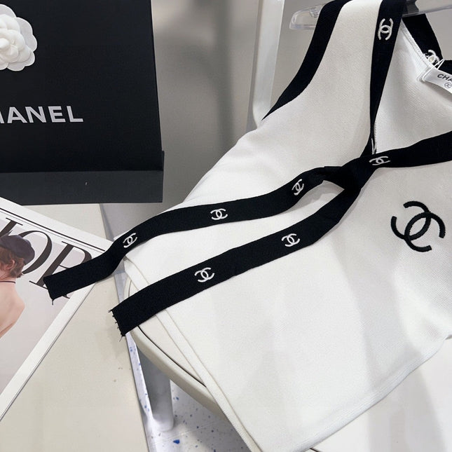 TANK TOP 624514 IN WHITE COTTON RIBBED BLACK TRIM AND BOW