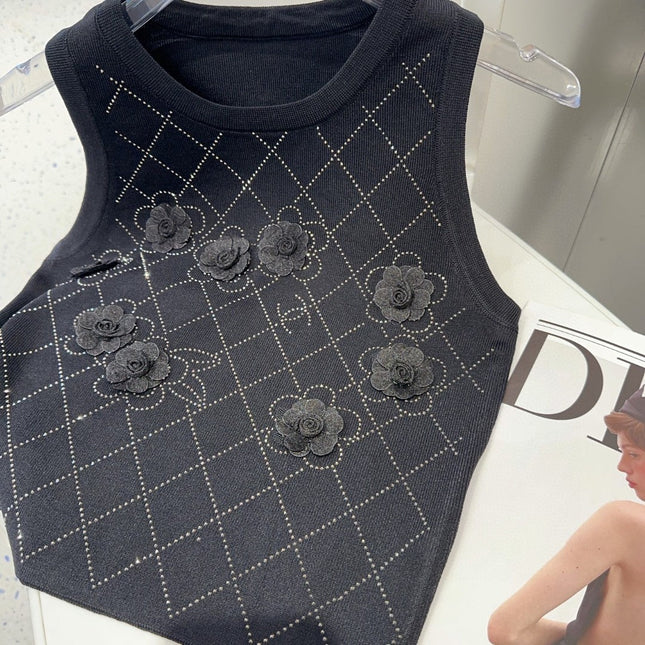 TANK TOP 633205 IN BLACK COTTON RIBBED KNIT EMBOSSED FLORAL