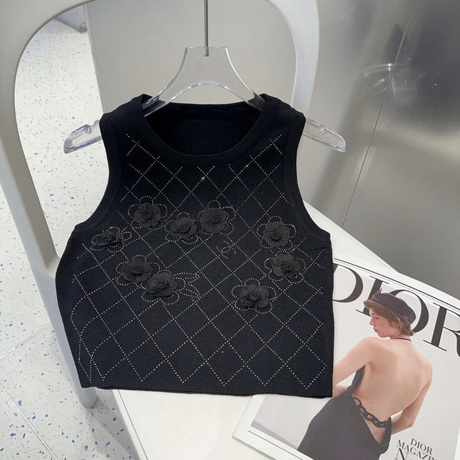 TANK TOP 633205 IN BLACK COTTON RIBBED KNIT EMBOSSED FLORAL