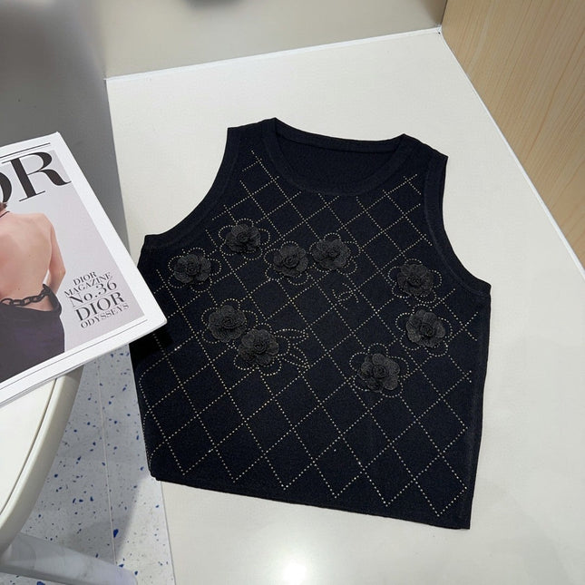 TANK TOP 633205 IN BLACK COTTON RIBBED KNIT EMBOSSED FLORAL