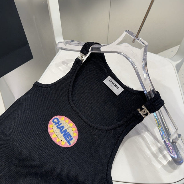 CAMISOLE 639170 IN BLACK COTTON RIBBED KNIT EMBOSSED LOGO ON STRAPS