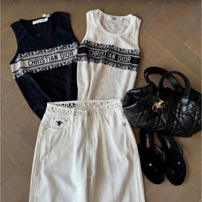 SLEEVELESS TOP 643222 IN WHITE COTTON BLACK LOGO