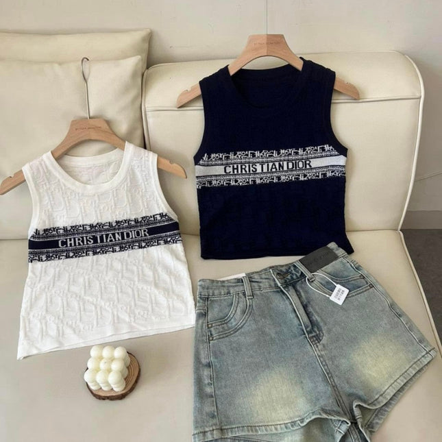 SLEEVELESS TOP 643222 IN WHITE COTTON BLACK LOGO