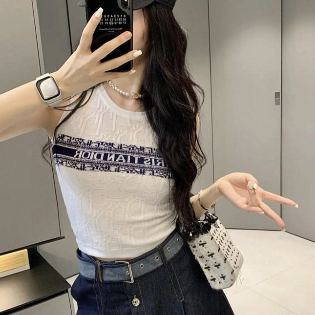 SLEEVELESS TOP 643222 IN WHITE COTTON BLACK LOGO