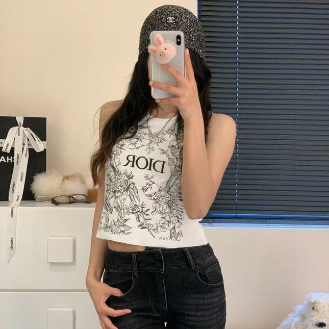 KNITTED TANK TOP 643231 IN WHITE COTTON JERSEY BLACK BIRD AND FLORAL PATTERN