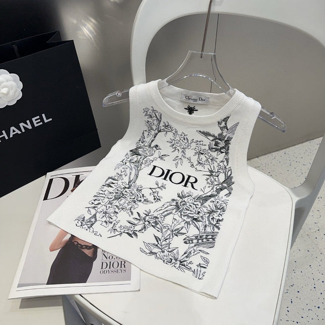 KNITTED TANK TOP 643231 IN WHITE COTTON JERSEY BLACK BIRD AND FLORAL PATTERN