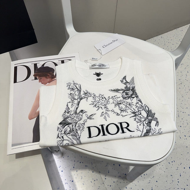 KNITTED TANK TOP 643231 IN WHITE COTTON JERSEY BLACK BIRD AND FLORAL PATTERN