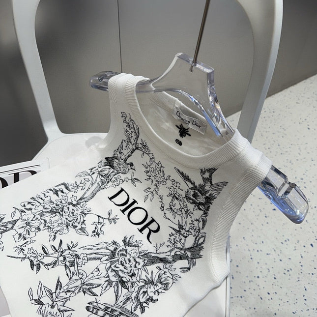 KNITTED TANK TOP 643231 IN WHITE COTTON JERSEY BLACK BIRD AND FLORAL PATTERN