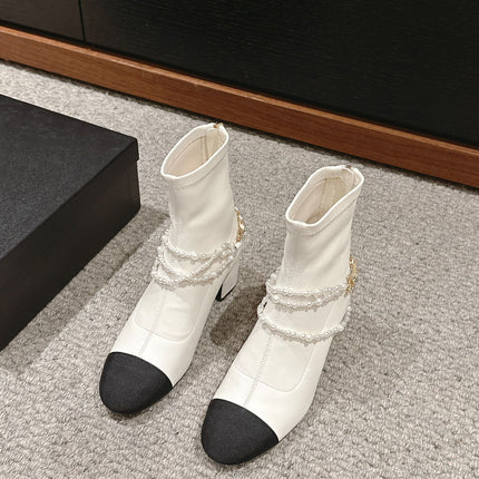 CC LOW CUT BOOTS IN WHITE STRETCH LAMBSKIN AND GROSGRAIN WITH PEARL CHAIN