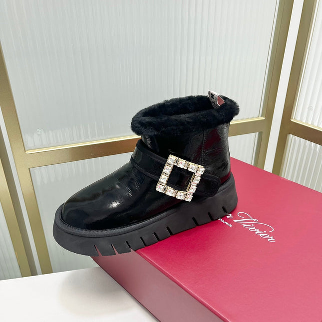 VIV’ WINTER FUR STRASS BUCKLE ANKLE BOOTS IN BLACK PATENT CALFSKIN