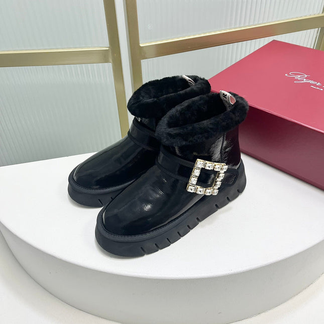 VIV’ WINTER FUR STRASS BUCKLE ANKLE BOOTS IN BLACK PATENT CALFSKIN