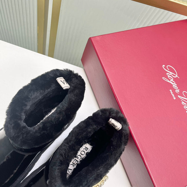 VIV’ WINTER FUR STRASS BUCKLE ANKLE BOOTS IN BLACK PATENT CALFSKIN