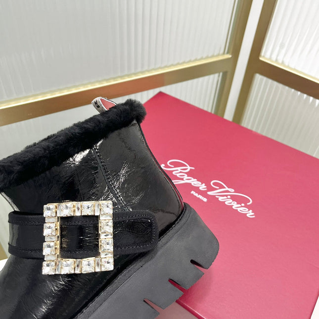VIV’ WINTER FUR STRASS BUCKLE ANKLE BOOTS IN BLACK PATENT CALFSKIN