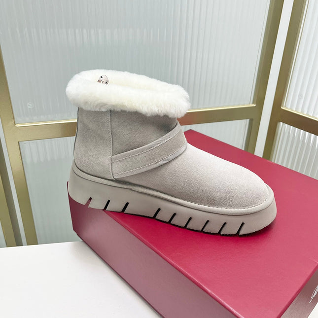 VIV’ WINTER FUR STRASS BUCKLE ANKLE BOOTS IN LIGHT GREY SUEDE