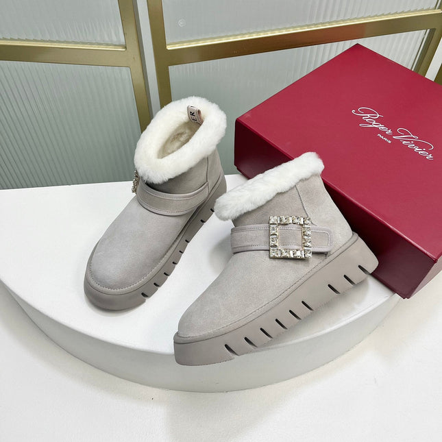 VIV’ WINTER FUR STRASS BUCKLE ANKLE BOOTS IN LIGHT GREY SUEDE