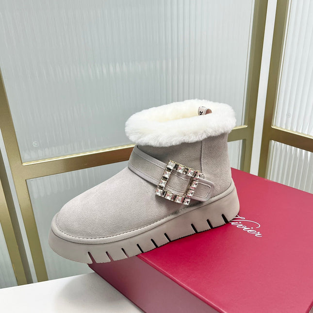 VIV’ WINTER FUR STRASS BUCKLE ANKLE BOOTS IN LIGHT GREY SUEDE